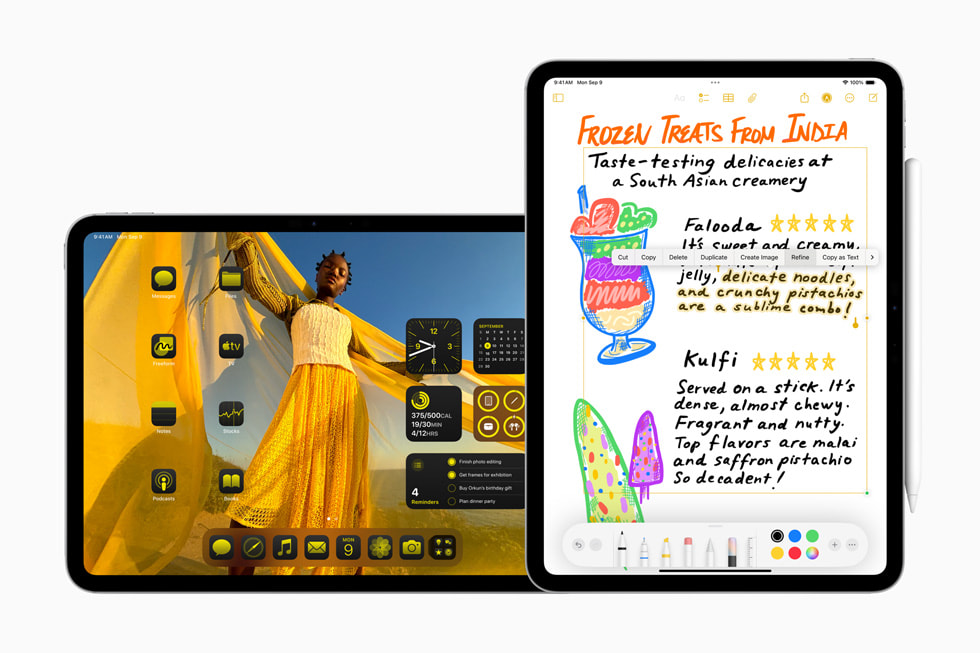 Two iPad Pro (11-inch) devices show customized yellow app icons on the Home Screen and handwritten notes with Smart Script.