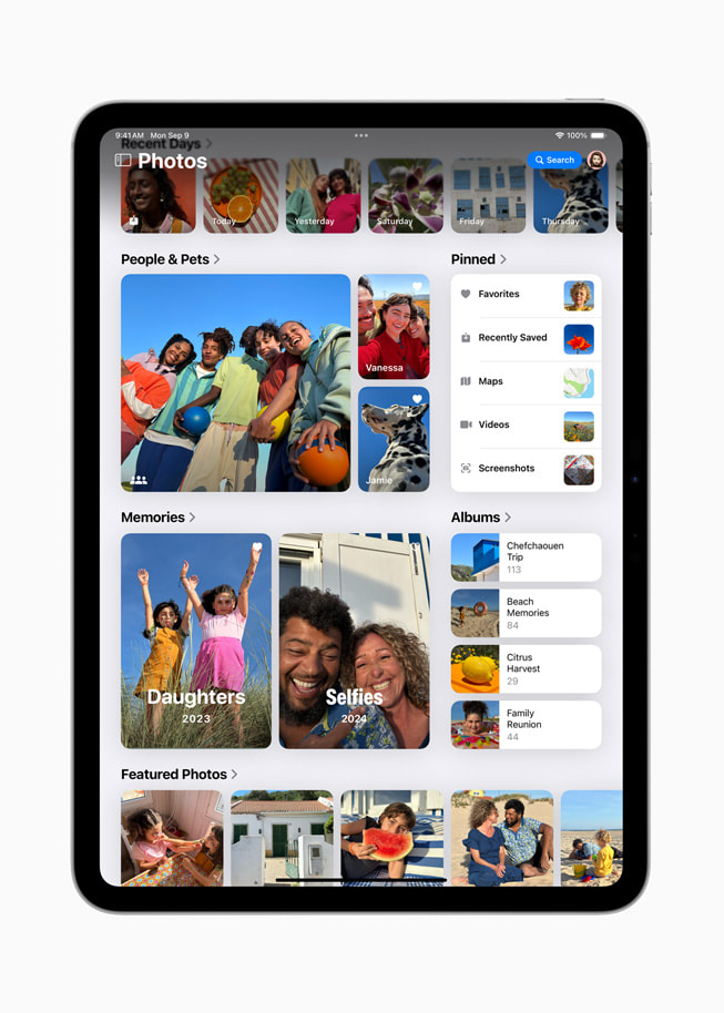 iPad Pro (11-inch) shows the redesigned Photos app with photos organised into groups, including people and pets, memories, and featured photos.