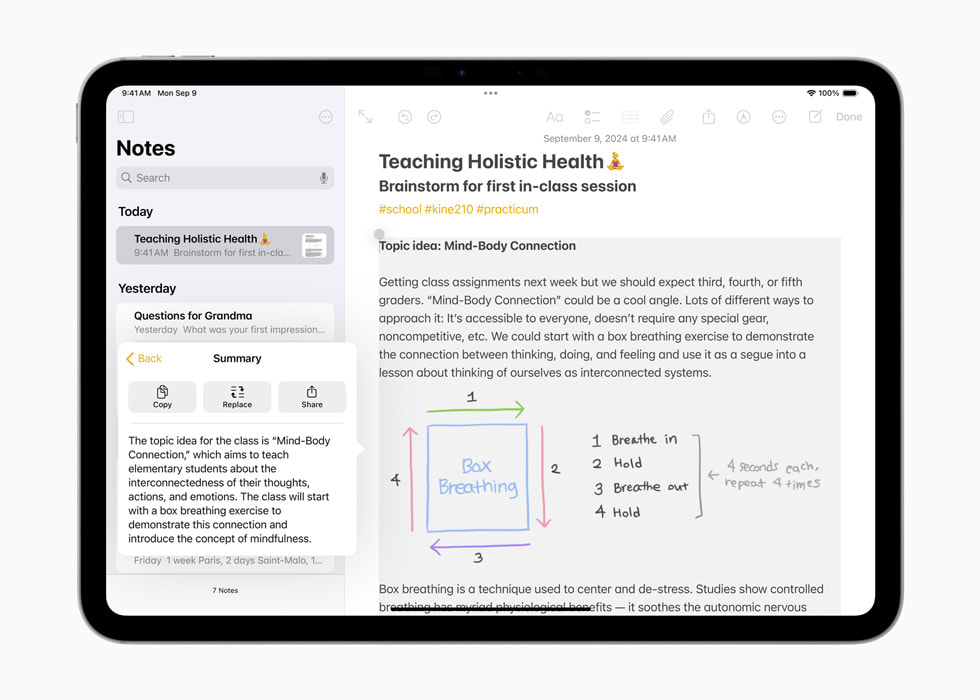 iPad Pro (11-inch) shows a summary of handwritten notes about teaching holistic health.