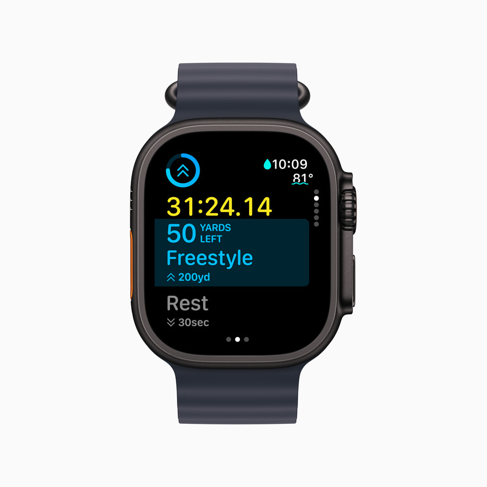 A user’s in-progress Pool Swim Custom Workout is shown on Apple Watch Ultra 2.