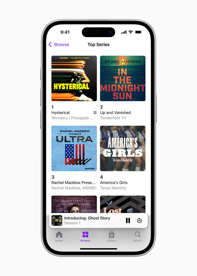 iPhone 16 shows an Apple Podcasts screen featuring New & Noteworthy series shows.