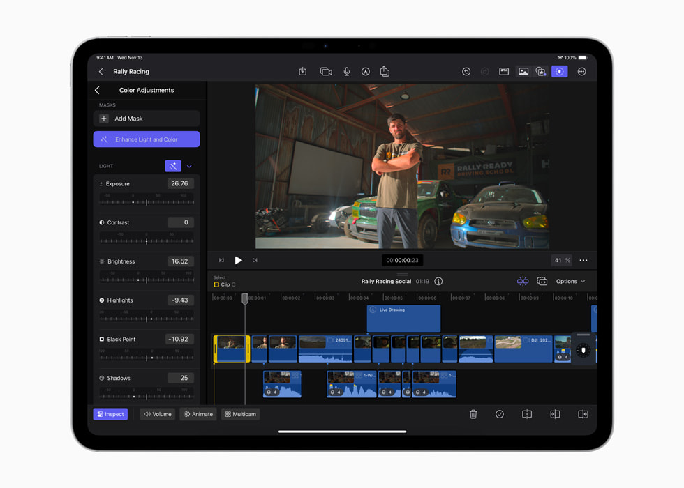 The Enhance Light and Color feature in Final Cut Pro for iPad 2.1 is shown on iPad Pro.