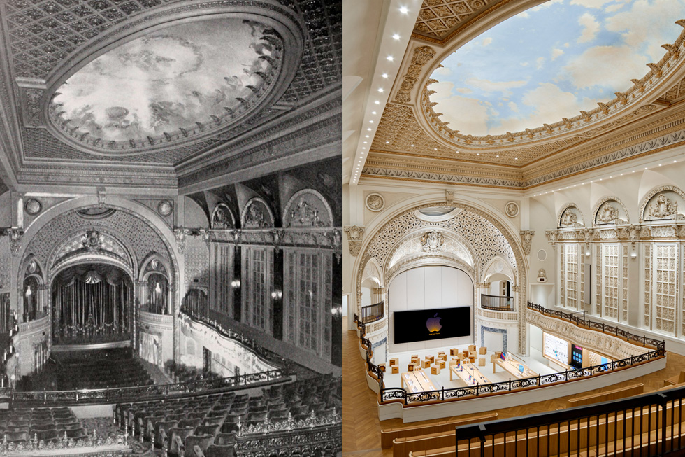 An archival photograph of Tower Theatre next to one of a fully updated Apple Tower Theatre shows how Apple effectively preserved and restored the theatre’s beauty and grandeur.