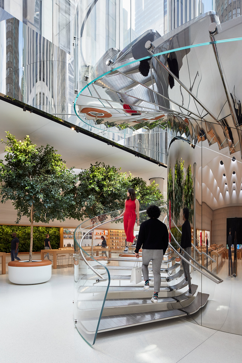 The stainless steel spiral staircase at Apple Fifth Avenue.