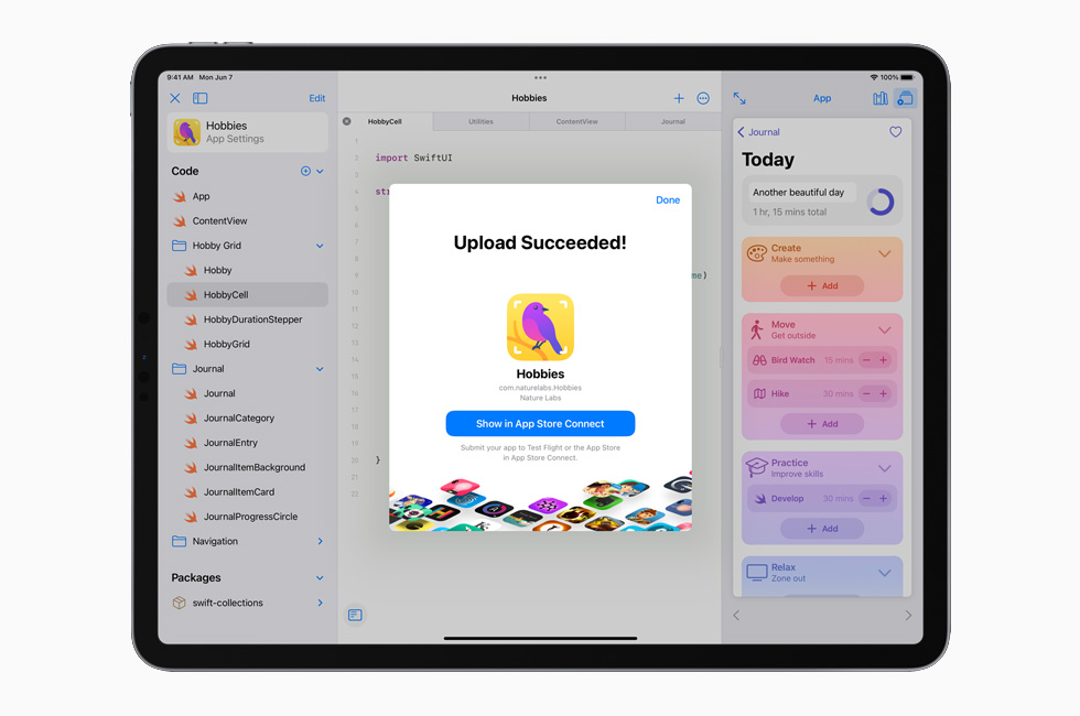 Eine App wird auf dem 12,9" iPad Pro in den App Store hochgeladen.
