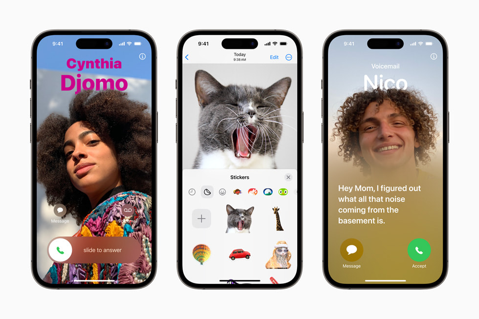 三支 iPhone 14 Pro 裝置顯示 iOS 17 中更新的「電話」、FaceTime 和「訊息」體驗。