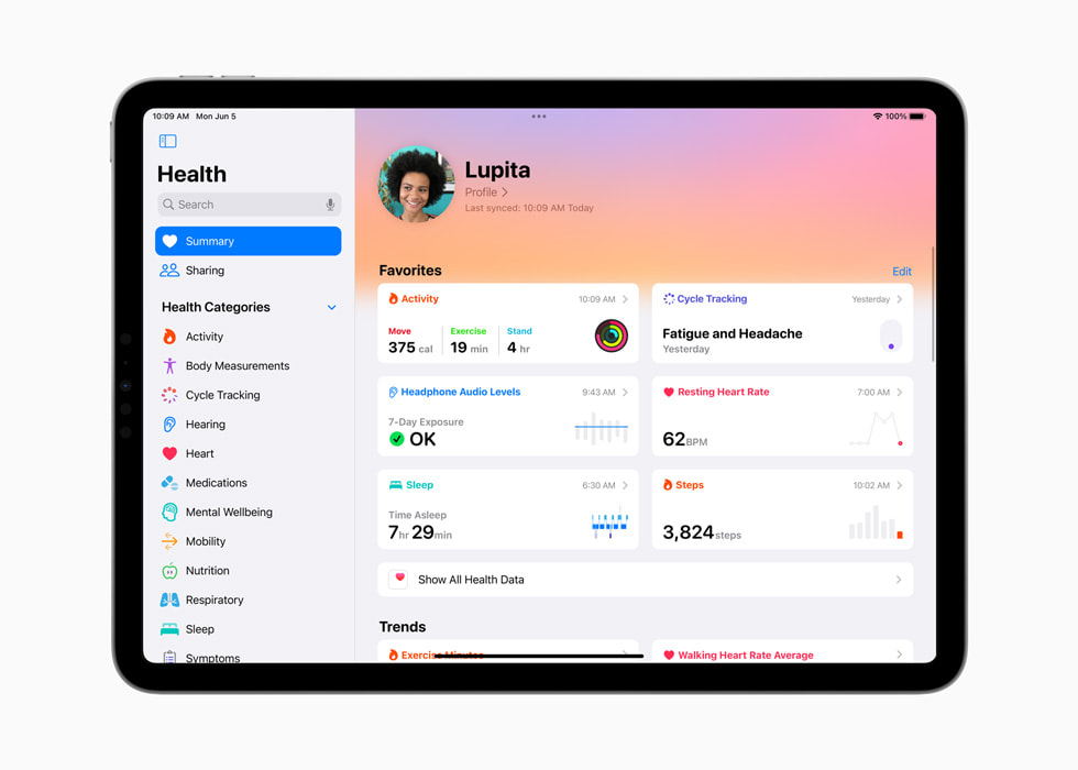 Op iPad Pro is een samenvatting te zien in de Gezondheid-app met Favorieten, waaronder Activiteit, ‘Cyclus bijhouden’, koptelefoongeluidsniveaus, hartslag in rust, slaap en stappen. 