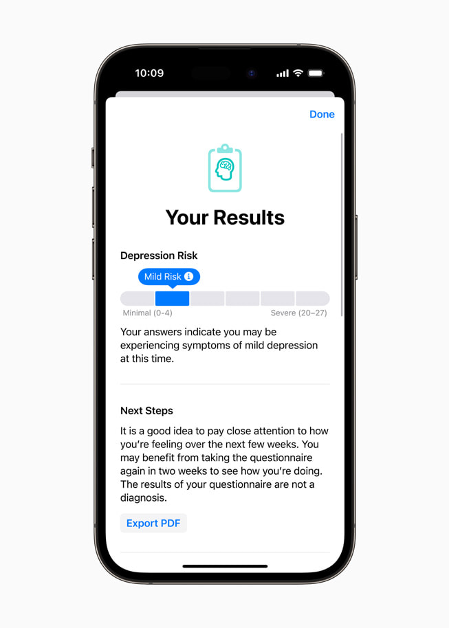 iPhone 14 Pro 顯示一份心理健康評估的結果。