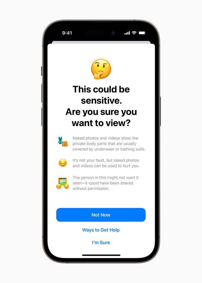 Tính năng Sensitive Content Warning cảnh báo người dùng iPhone 14 Pro về nội dung mà họ nhận có thể là nội dung nhạy cảm và sẽ hỏi, “Bạn có chắc chắn muốn xem không?”