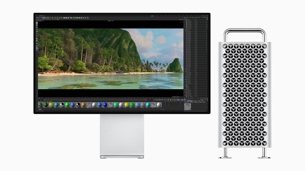 Der Mac Pro mit M2 Ultra wird gezeigt, wie er einen Rendervorgang auf einem Mac Studio abschließt.