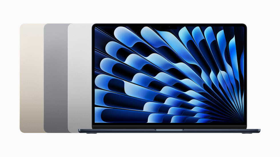 The 15-inch MacBook Air color lineup, including starlight, space gray, silver, and midnight.