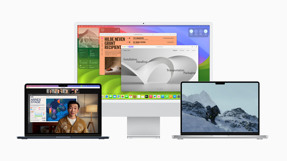 System macOS Sonoma pokazany na MacBooku Air, 27‑calowym iMacu i MacBooku Pro.