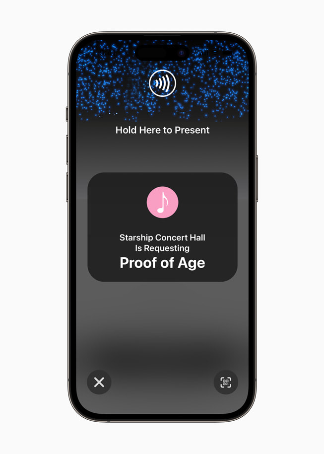 iPhone 14 Pro viser en forespørsel fra Starship Concert Hall om å vise legitimasjon.