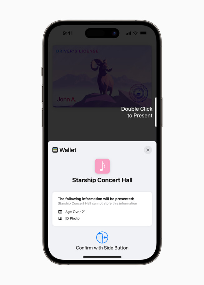 iPhone 14 Pro hiển thị thông tin nào đang được chia sẻ với Starship Concert Hall, bao gồm Trên 21 tuổi và ảnh trong thẻ ID.