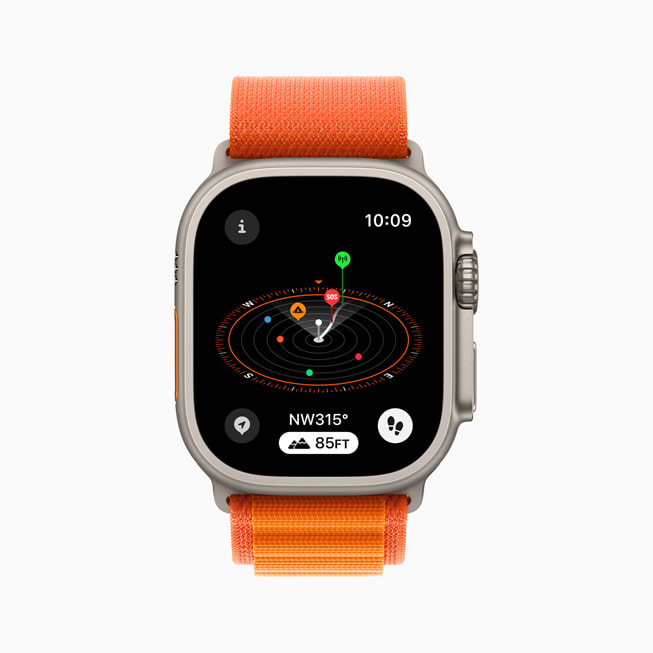 El Apple Watch Ultra muestra un Punto de Referencia de Última Conexión de Datos Celulares y un Punto de Referencia de Última Llamada a Emergencias.