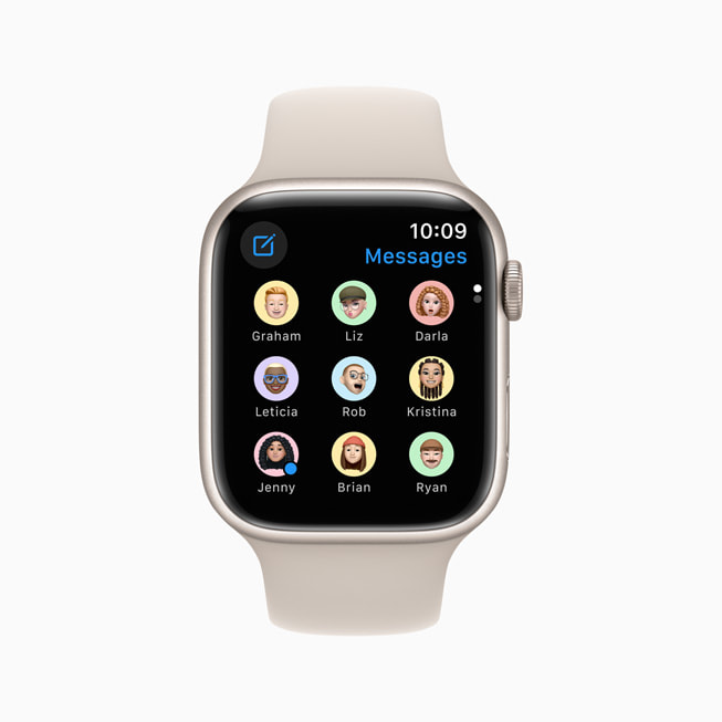 Beskeder-appen vist på Apple Watch Series 8.