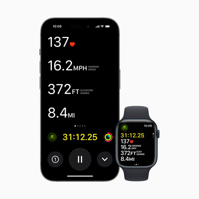 Se muestra Elevación en un iPhone 14 Pro y un Apple Watch Series 8.