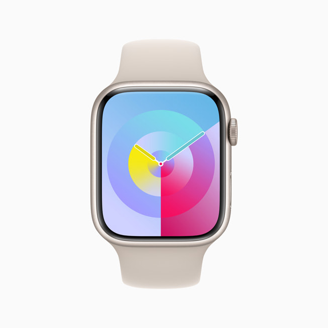 Die Apple Watch Series 8 zeigt das neue Zifferblatt Palette in Iris. 