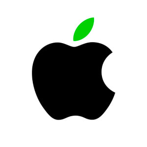 Pokazane logo Apple z zielonym listkiem towarzyszące inicjatywom ekologicznym.