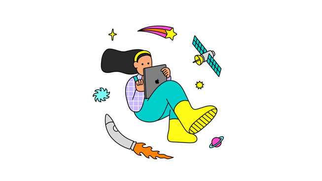 抽象插畫描繪漂浮在太空中使用 iPad 的女人。