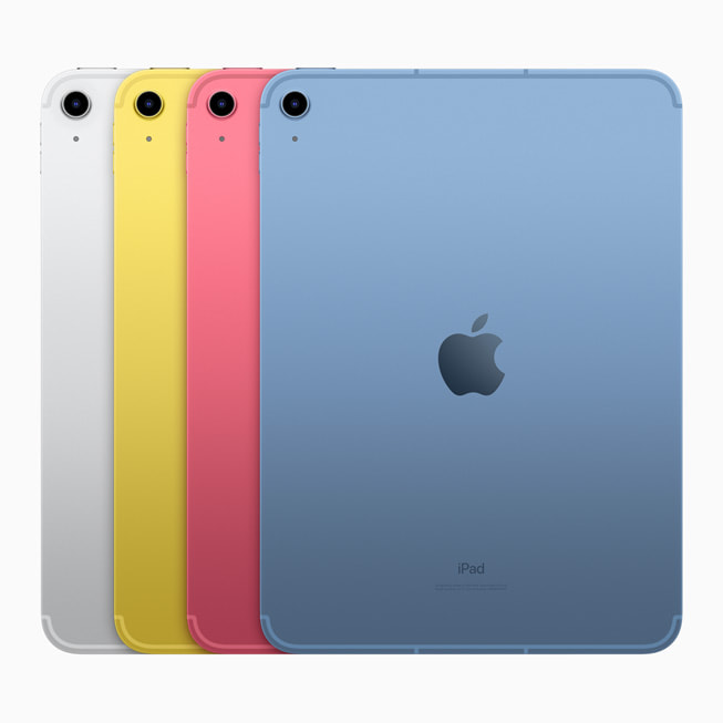 iPad en color plata, amarillo, rosa y azul.