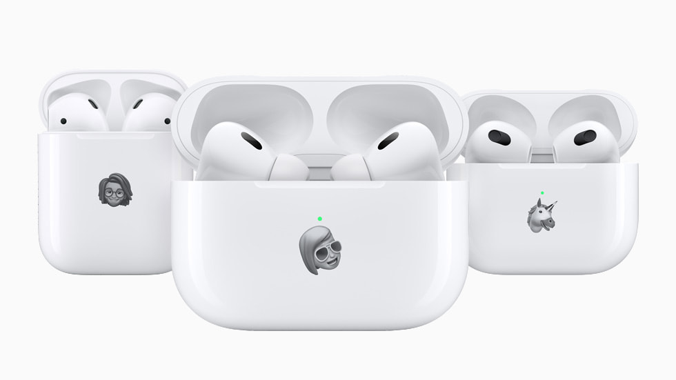 Personalised Memoji and Animoji on AirPods (2nd generation), AirPods (3rd generation), and AirPods Pro (2nd generation) cases.