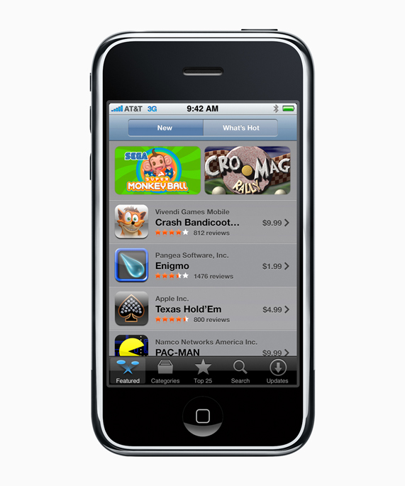 First generation iPhone with the first iOS App Store featured on the screen.