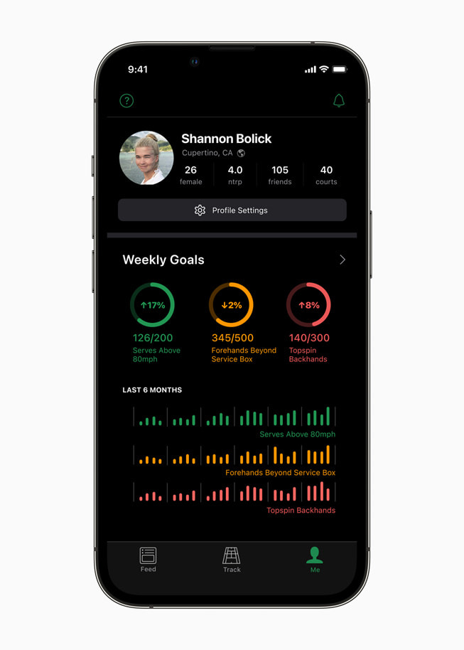 Un iPhone con la pantalla del perfil del jugador de SwingVision, que muestra los objetivos semanales y los datos de los últimos seis meses.