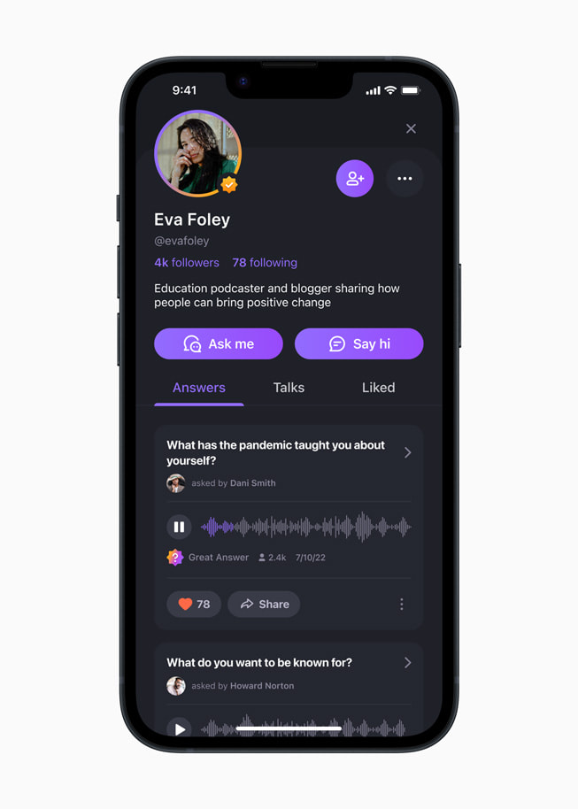 《Wisdom》app 中顯示專家 Eva Foley 的頁面，其介紹是「教育 podcaster 兼 blogger，分享帶來積極改變的經驗」。

