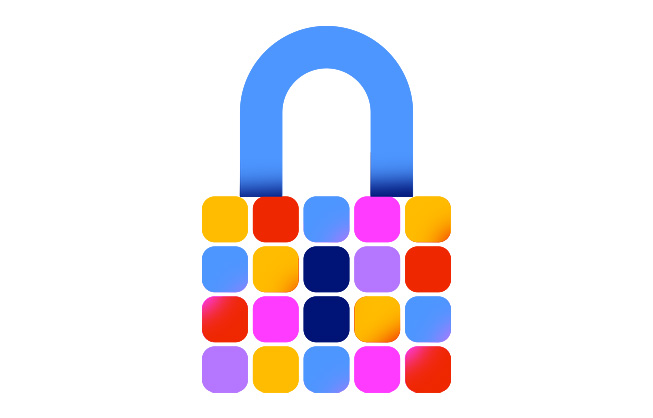 앱 타일로 구성된 잠긴 자물쇠가 App Store의 보안 상태를 보여준다.