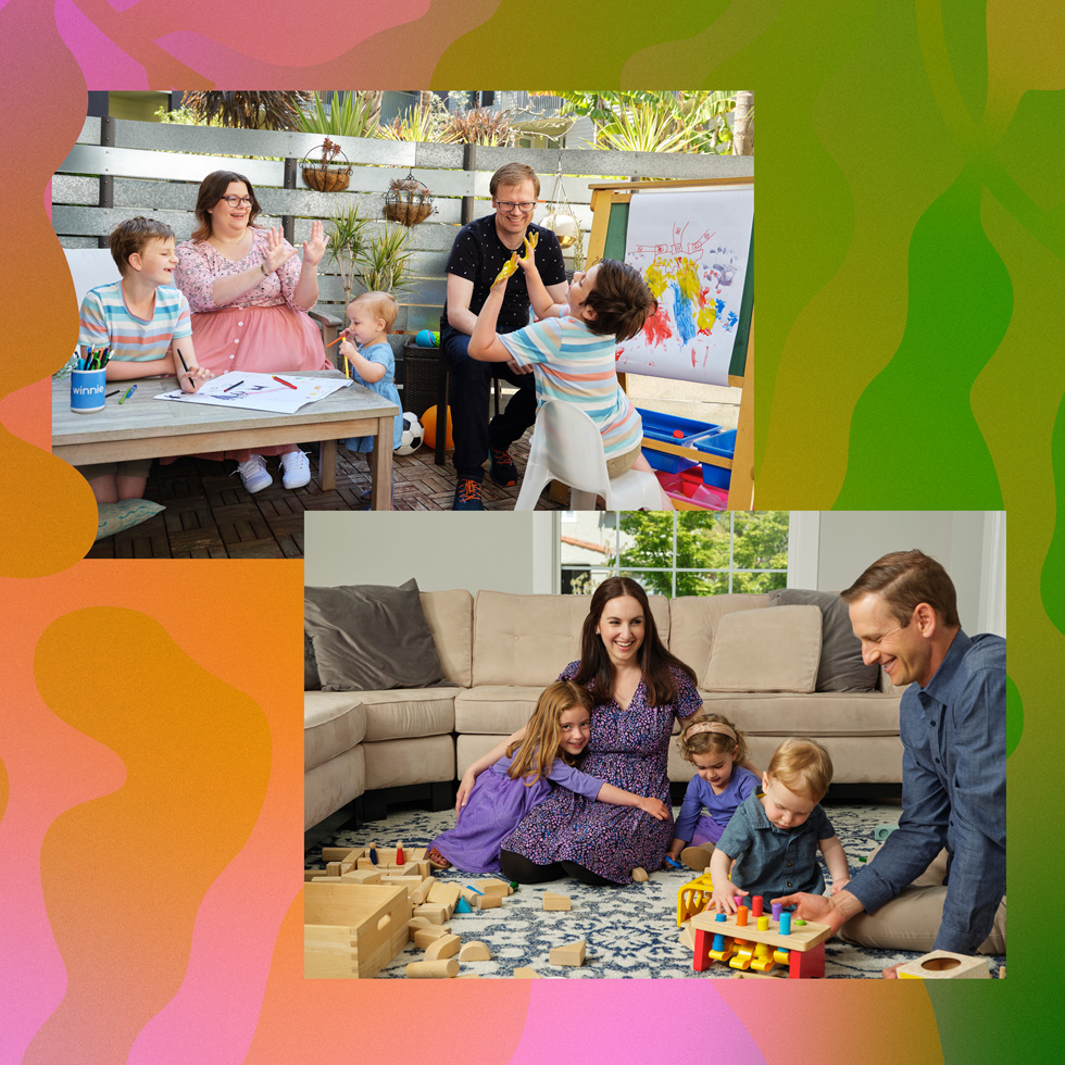 Da esquerda para a direita, as co-fundadoras do app Winnie, Anne Halsall e Sara Mauskopf, em suas casas com suas famílias.