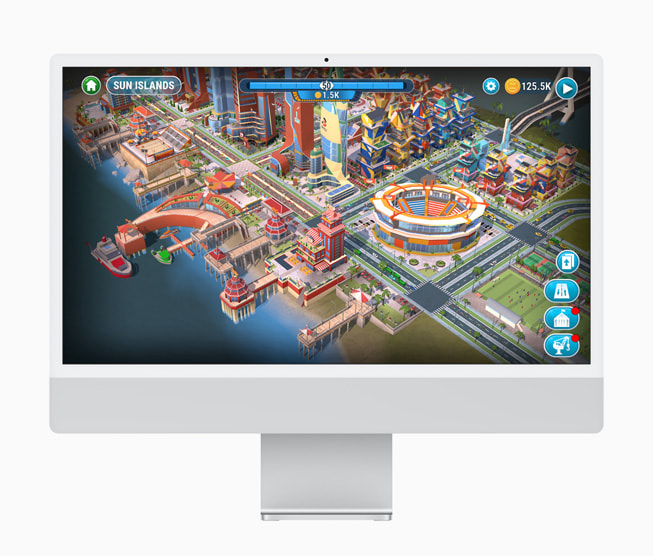 Một ảnh tĩnh từ trò chơi Cityscapes: Sim Builder với một thành phố ảo nhộn nhịp tên là Sun Island trên iMac.