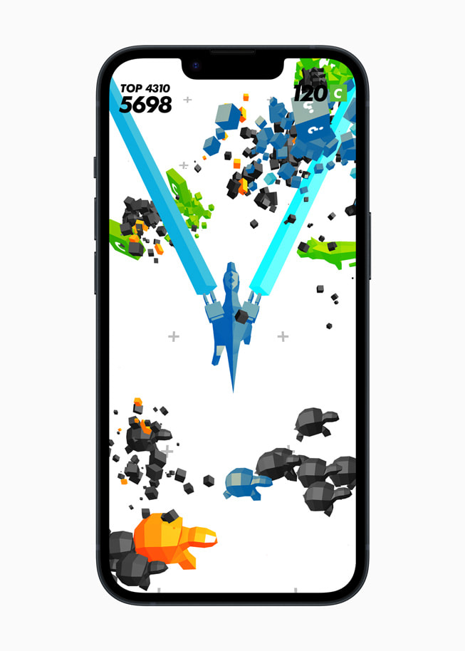 Một ảnh tĩnh từ trò chơi Time Locker+ với hai tia laser bắn các chướng ngại vật trong không gian trên iPhone 14.