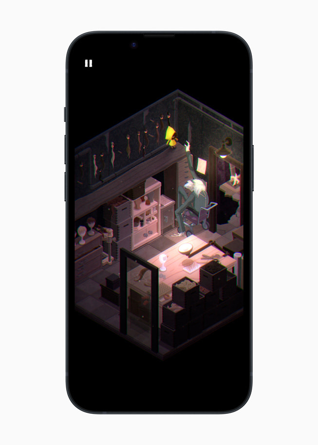 On iPhone 14, a still from the game Very Little Nightmares+ shows a little girl in a yellow raincoat speaking to an old person in a wheelchair inside of a dark house.