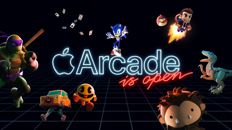 Grafik med figurer som Sonic the Hedgehog og Donatello fra Teenage Mutant Ninja Turtles, hvor der står “Apple Arcade is open”.