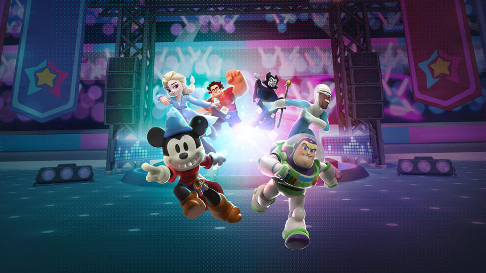 Animowane postacie z nowej gry „Disney Melee Mania” dostępnej w Apple Arcade, w tym Myszka Miki i Buzz Astral.