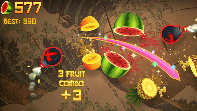 A still from the game “Fruit Ninja Classic.”