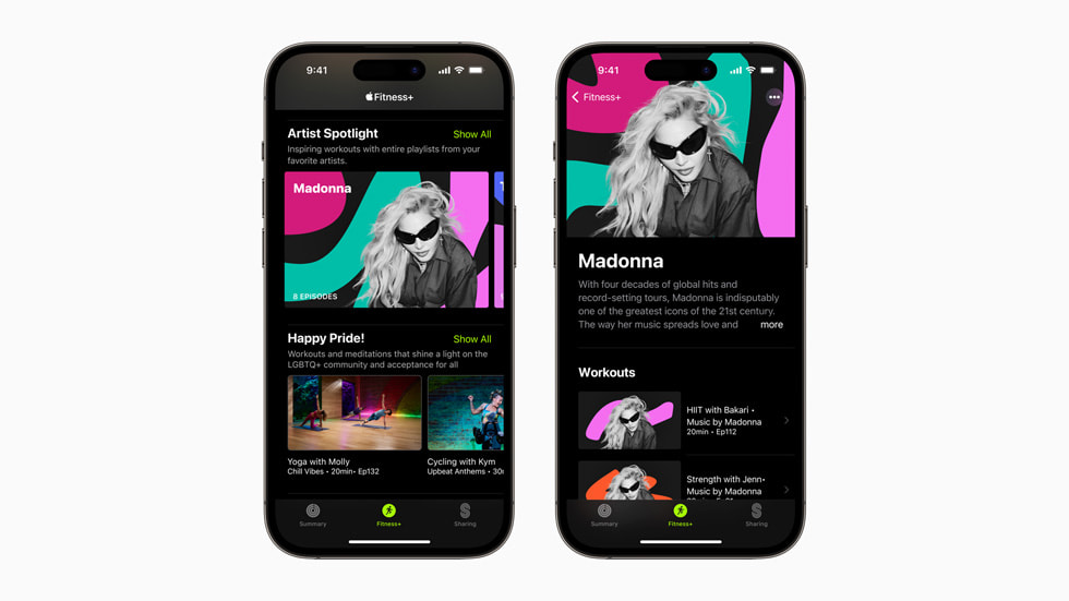 Two iPhone 14 Pro devices show new workouts in Apple Fitness+, including the Madonna Artist Spotlight and Pride workouts. 