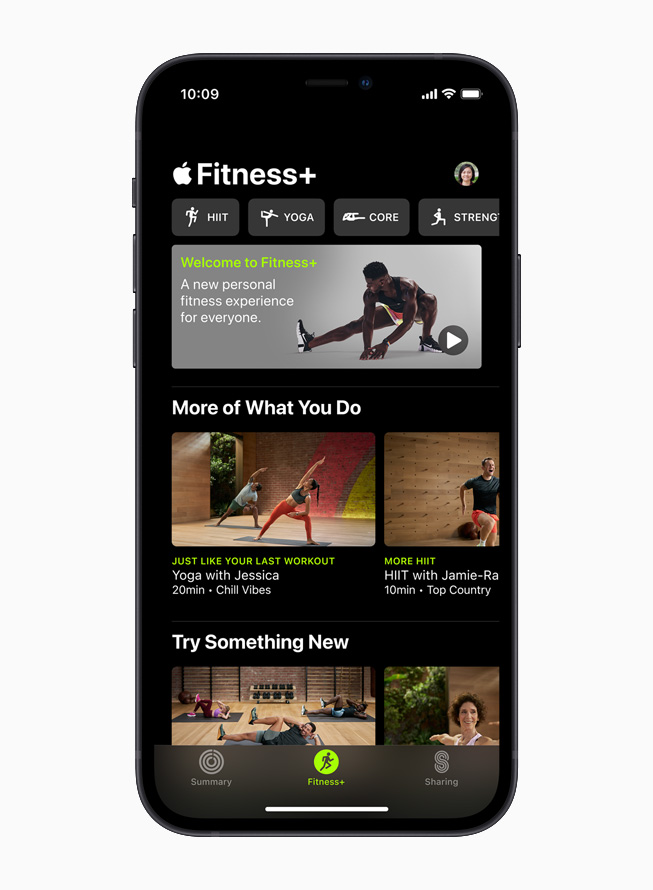 Apple Fitness+ app home screen on iPhone 12.