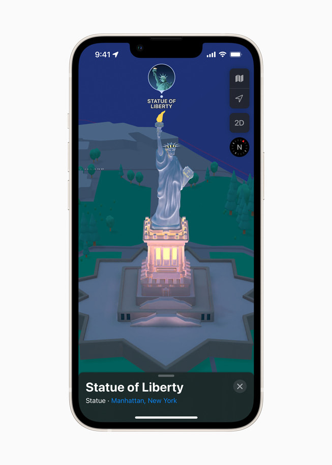 iPhone displays a 3D map of the Statue of Liberty in New York in Apple Maps in iOS 15.