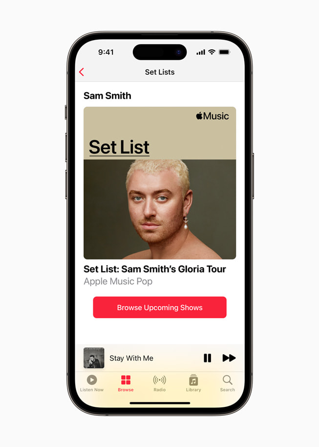 Setlist de Sam Smith no Apple Music mostrada no iPhone 14 Pro. 