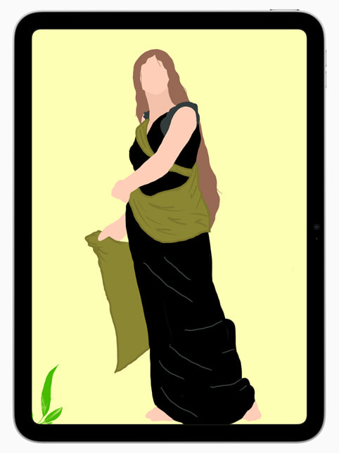 學生 Angie Ibarra 的電腦繪圖作品顯示在 iPad 螢幕上。這幅畫描繪一個文藝復興時期風格的人物，身穿黑色連身裙，以淡黃色背景呈現。