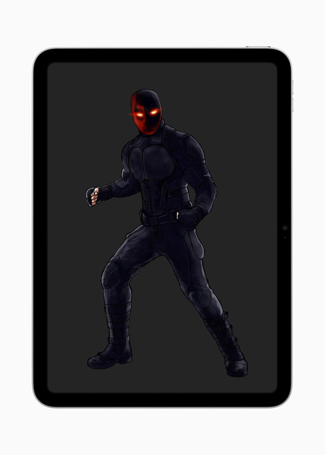 En digital tegning af Matthew Rada, studerende, viser en figur i superheltestil, der har en maske på med strålende røde øjne. Karakteren er iført helt sort tøj fra top til tå.