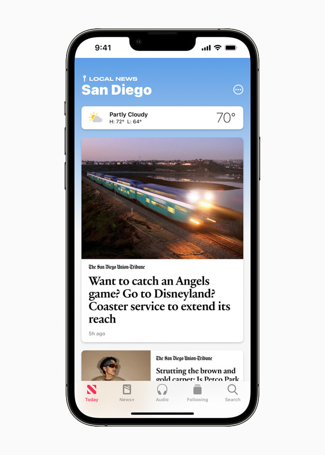 The San Diego curated local news experience on Apple News displayed on iPhone 13 Pro.