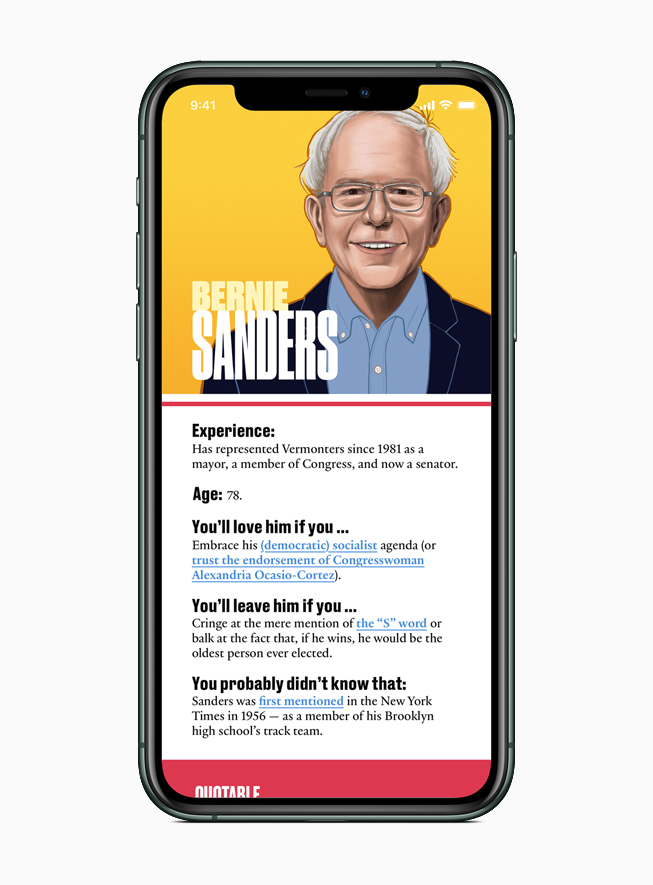 Apple News features a guide to each presidential candidate, including Bernie Sanders.