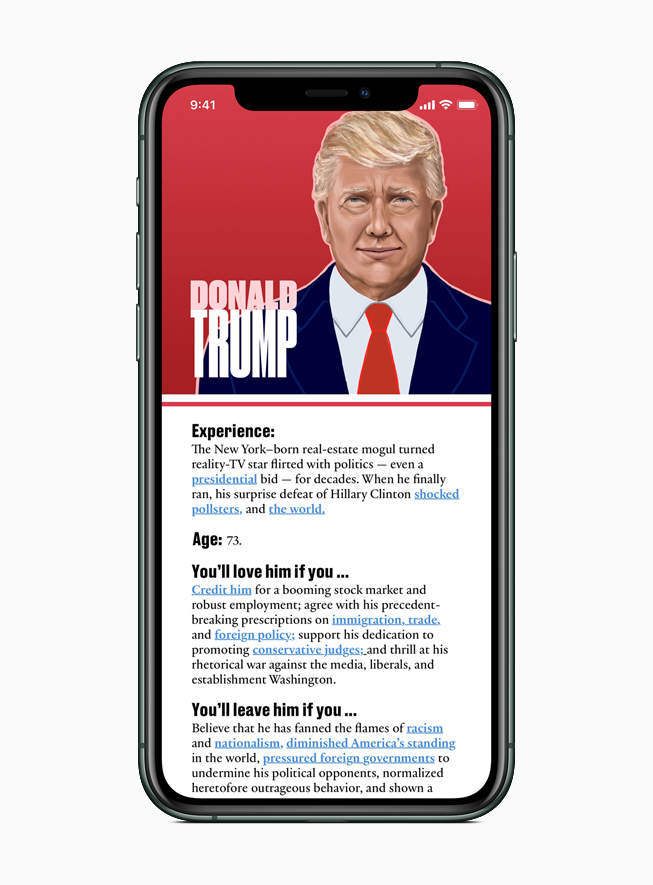 Apple News features a guide to each presidential candidate, including Donald Trump.
