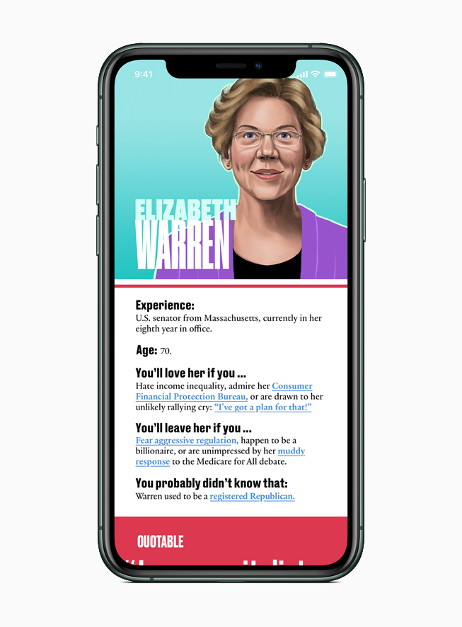 Apple News features a guide to each presidential candidate, including Elizabeth Warren.
