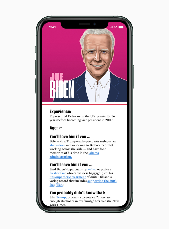 Apple News features a guide to each presidential candidate, including Joe Biden.