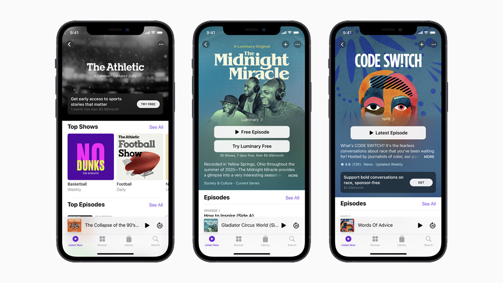 Les balados The Athletic, The Midnight Miracle et Code Switch, affichés individuellement sur des écrans d’iPhone distincts.