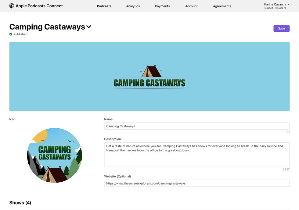 La chaîne Camping Castaways sur Apple Podcasts Connect.